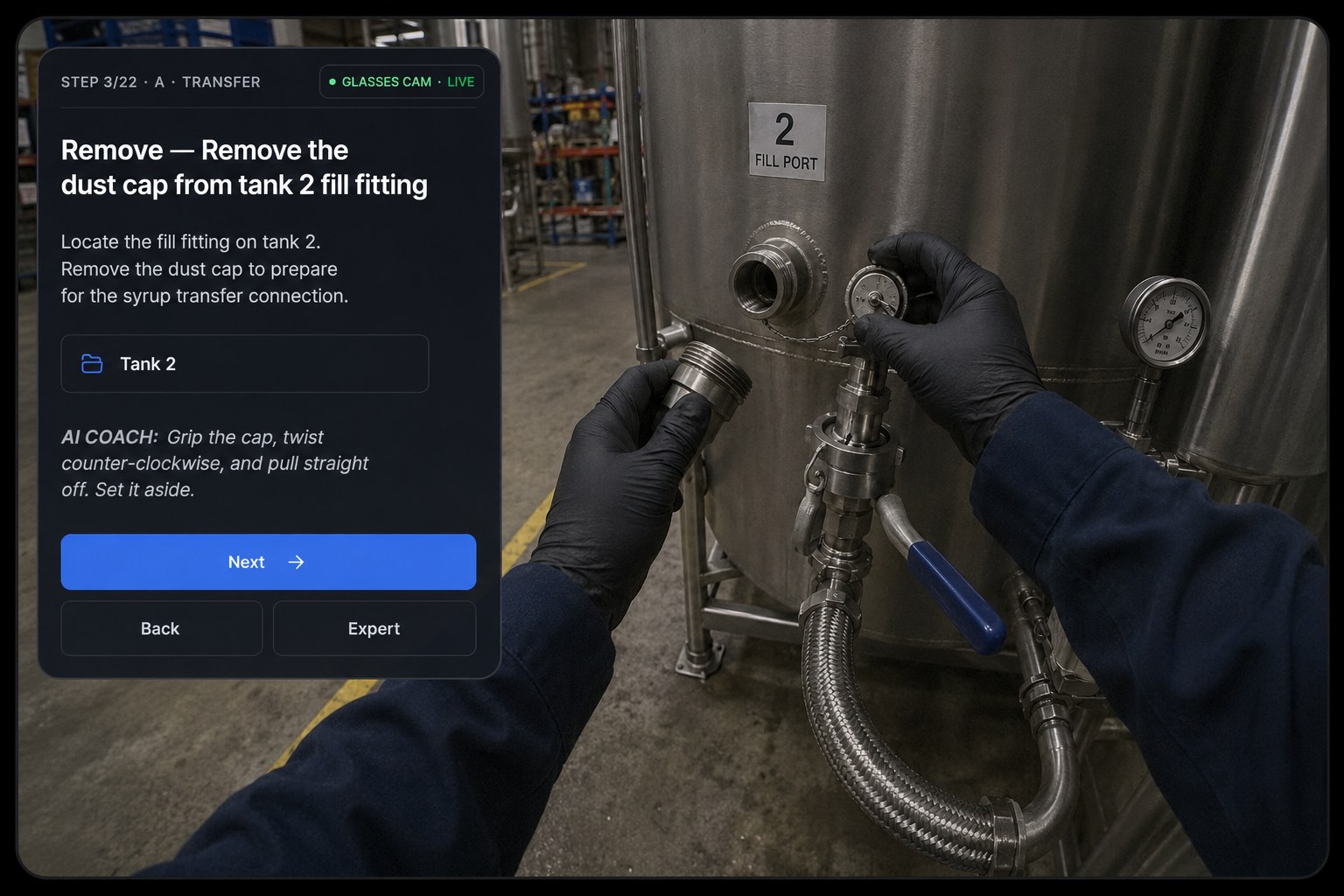 A worker's first-person view through Ray-Ban Display glasses, with Skill Reality's step-by-step guidance overlaid on a syrup transfer station