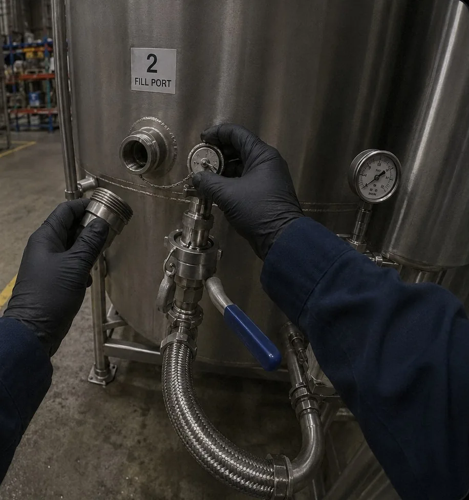 Simulated first-person view at a tank fill port: gloved hands remove the dust cap while Skill Reality's real step card, step 3 of 22 in a syrup transfer, shows in the lower right of the Meta Ray-Ban Display lens