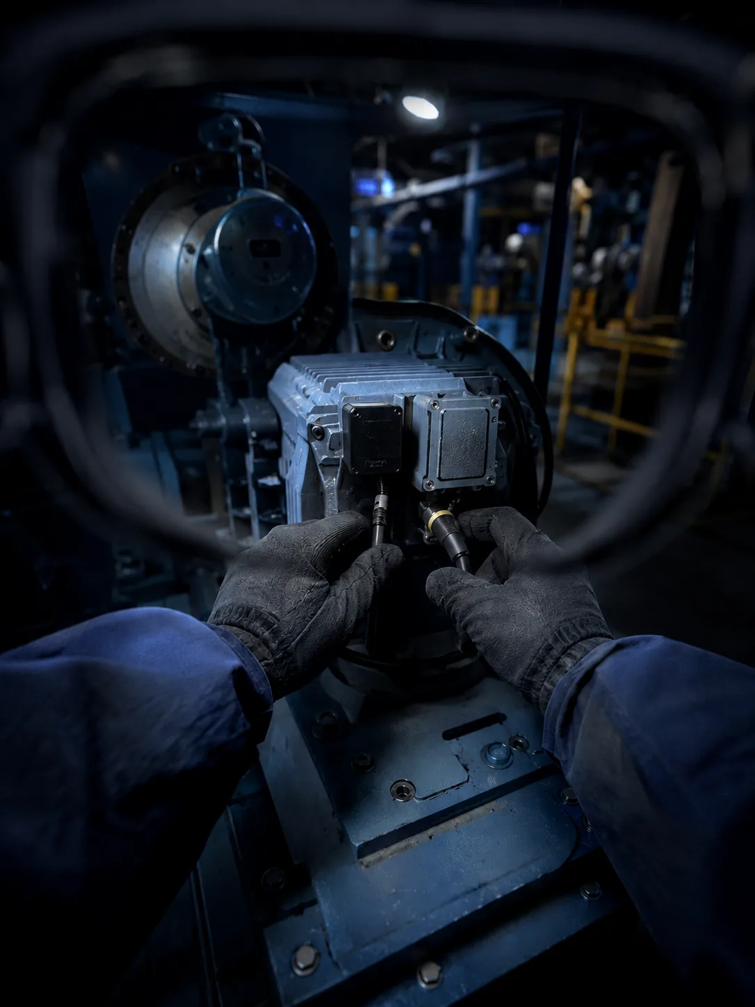 First-person view through smart glasses: hands at a motor power connector