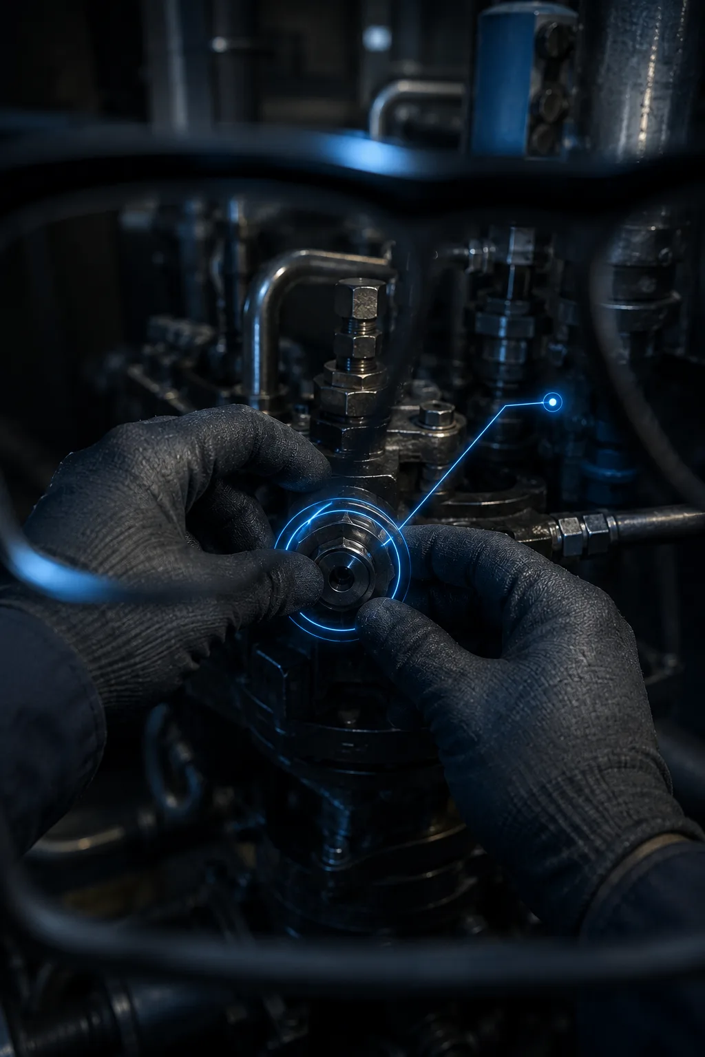 First-person view through smart glasses: gloved hands tightening a valve